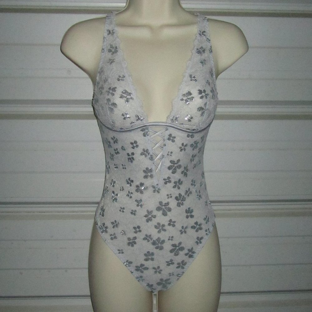 XS Size Victoria's Secret Gray Floral Bodysuit,shimmery,lingerie, teddy sexy